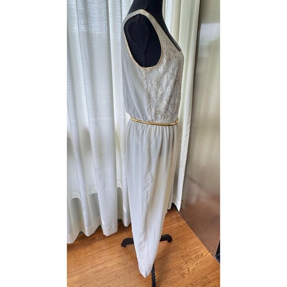 Vintage 80s jumpsuit, off-white, gold metallic lace, elastic waist & golden belt - Picture 8 of 10
